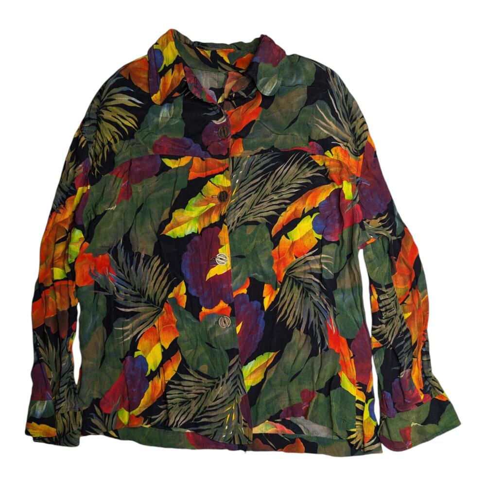 Vtg 1990s Laura Kieffer Green Black Tropical Floral Print Button Up Blouse 18